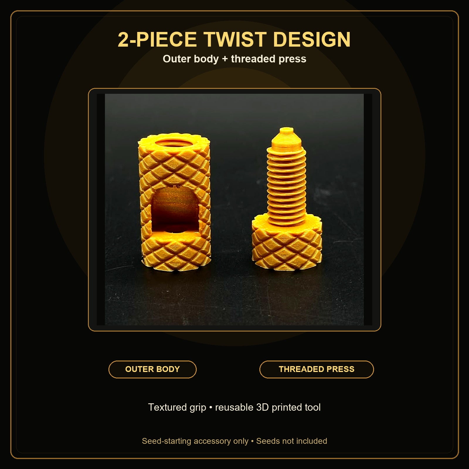 Seed Cracker Tool two-piece threaded twist design