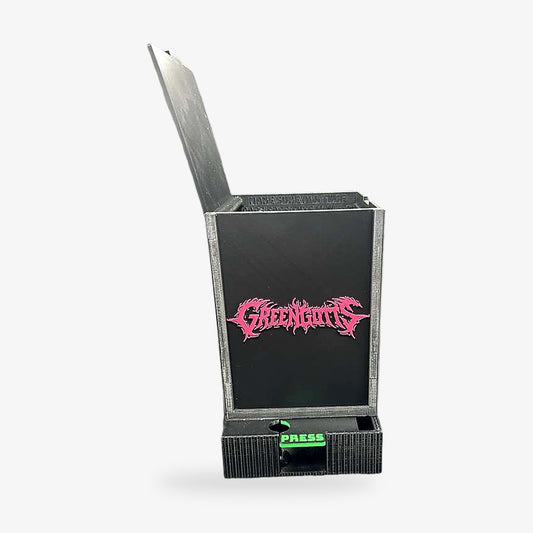 Black custom-branded tube dispenser with press-to-dispense button